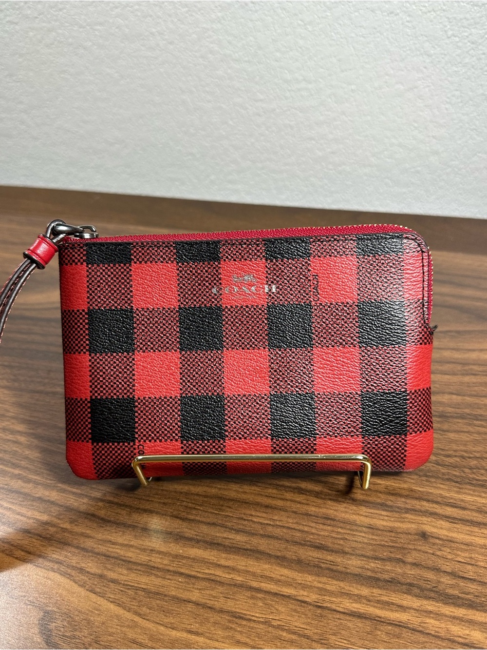 Coach Red and Black Buffalo Check Wristlet - Picture 6 of 7